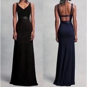 VERA WANG Formal Black Gown Velvet Crepe Belted Back Cutout Maxi Bridesmaid